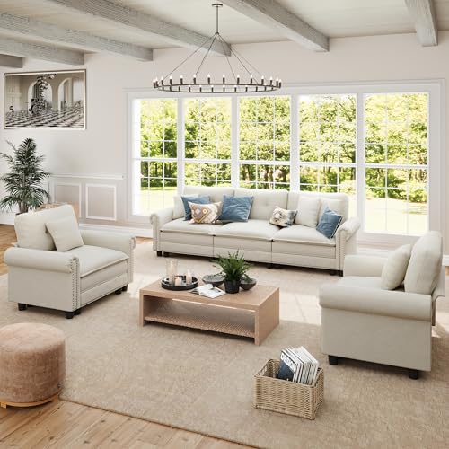Image of SUNSHINE VALLEY 3-Piece 5-Seater Cloud Modular Sofa Set with Extra Deep & Wider Cushions, Oversized Mid-Century Modern Couch Set with Armchair and Throw Pillows for Living Room, Linen Beige