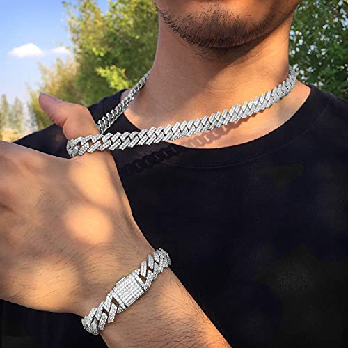Luxfine 12Mm Iced Out Miami Cuban Link Bracelet Necklace 14K Real Gold Plated Hypoallergenic Hip Hop Jewelry For Men Women Birthday Gift 5A+ Cubic Zirconia Prong-Setting #TOP2