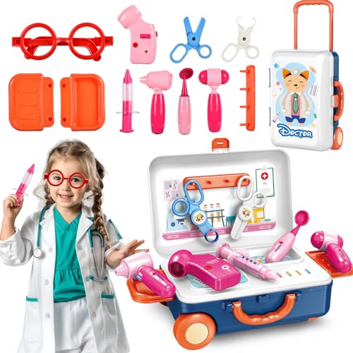 JONRRYIN Maletin Brinquedo médico, conjunto de brinquedos médicos com termómetro, tesouras, seringa, conjunto de médicos jogos de papéis brinquedos meninas e meninos 3 anos