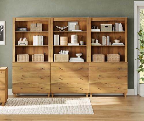 Image of WAMPAT 71 inch Tall Bookcase with 9 Drawers & Open Shelves, 3 Column Modern 3-Tier Bookshelf with Adjustable Shelf, 106 inch Wide Wooden Display Book Shelf for Home Office, Living Room, Bedroom, Oak Brown