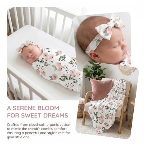 Image of Floral Receiving Blankets for Baby Girls Swaddle Blanket with Headband Set