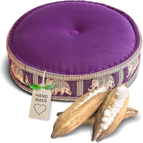 livasia meditation cushion with Thai silk - Ø 18x6″ - Yoga cushion kapok, Pouffe, Floor cushion yoga Zen meditation, Seat cushion garden balcony, Zafu (Purple/Elephants, Silk)