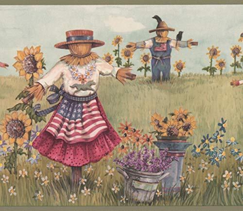 Vintage Scarecrows With American Flags On The Sunflower Field Country Wallpaper Border Retro Design, Roll 15' X 7.25'' #TOP11