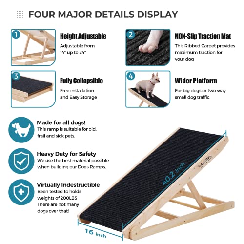 Sweetbin Wooden Adjustable Pet Ramp For All Dogs And Cats - Non Slip Carpet Surface And Foot Pads - 41" Long And Adjustable From 12” To 24” - Up To 200Lbs - Folding Dog Car Ramps For Suv, Bed, Couch #TOP1