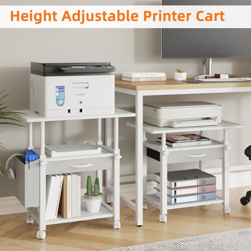 Image of YAOHUOO 22 inchx15 inch Large Printer Stand with Drawer, 3-Tier Rolling Table Cart | Storage Drawer and Side Bag,Height Adjustable Cart,Fit printer /fax /3d /scanner,4 lock wheels or feet,White