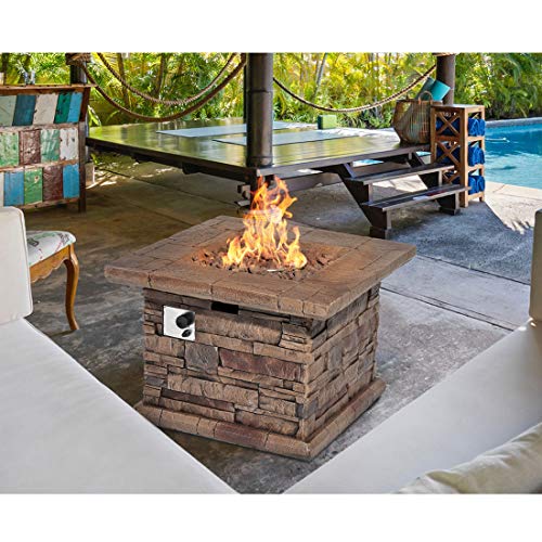 Hompus Outdoor Propane Fire Pit Table 32-Inch Imitation Stone Square Concrete Propane Fire Pit With Lava Rocks And Rain Cover 50,000 Btu Gas Smokeless Fire Pit For Outside Patio,Garden,Deck,Backyard #TOP2