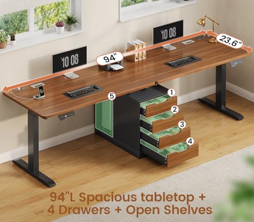 Image of SEDETA Standing Two Person Desk with 4 Drawers, 2 Power Outlets, CPU Stand