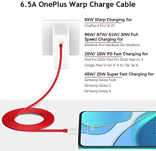 Image of ONE PLUS 80W Fast Charging Type C to C Cable Dash,Warp,SuperVooc Charging Data Cable Type-C [10V /6.5A] Compatible with ONE PLUS 11 /11R 5G /10R /10T /9 /9R /9 Pro /9RT /8T Nord, USB-C Charger Adapter Cord