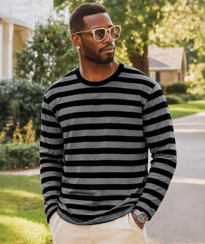 Image of KESIHAN Mens Striped Long Sleeve Shirt Crewneck Casual Basic Stripe Tee | Crewneck long sleeve striped tee with cotton spandex fabric,casual regular fit basic style for daily wear and layering.