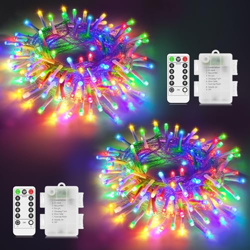 2 Pack Christmas Lights Battery Fairy Lights Total 20M 200 LED Multicoloured String Lights Outdoor Waterproof with Remote Timer 8 Modes for Indoor Outside Garden Party Xmas Bedroom Decorations