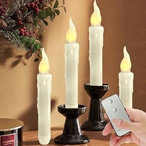 NJAO HOO Real Wax LED Flameless Taper Candles with Remote 67 Inches White Candlesticks Dripless Battery Operated Flame Rustic Primitive Flameless Lights Decor Pack of 4