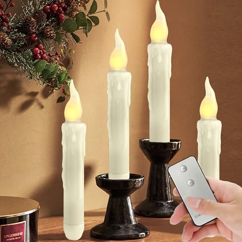 Image of Real Wax LED Flameless Short Taper Candles with Remote, 6.7 Inches White Candlesticks, Dripless Battery Operated Flame Rustic Primitive Flameless Halloween Candles for Home, Pack of 4