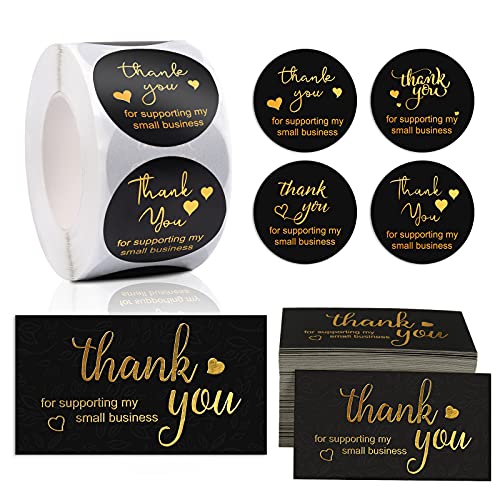 620pcs thank you card set, 120pcs gold foil thank you for supporting my business cards 500pcs 1.5” black stickers label roll for business online retail store package inserts