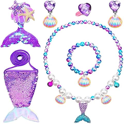 Jiosdo Mermaid Jewellery Set for Girls kids, Kids jewellery Sets for Little Girls, Children Jewelry Sets Include Handbag Necklace Bracelets, Princess Costume Play Pretend Dress Up Party Favors Cover
