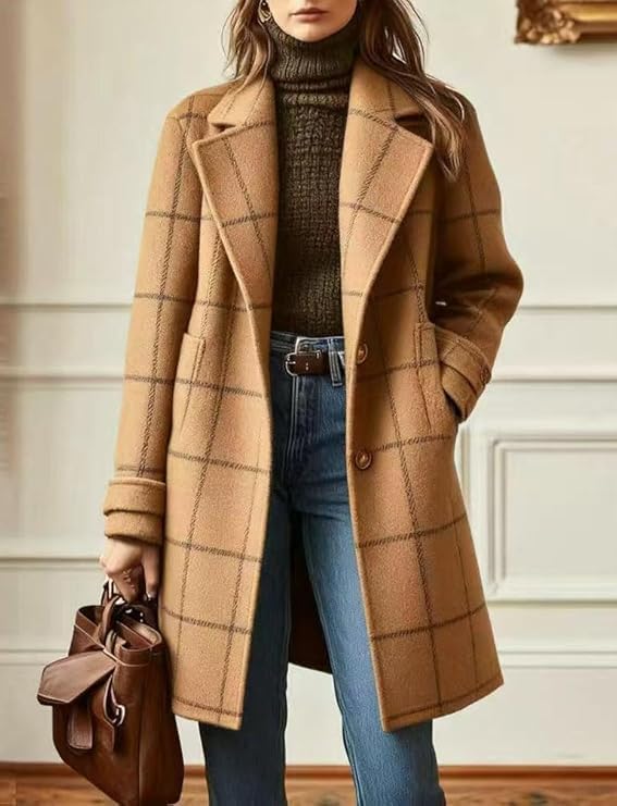 Plaid Wool Coats for Women Notched Lapel Casual Checkered Mid Long Dress Blazer Jackets Single Breasted Trench Coats Peacoats