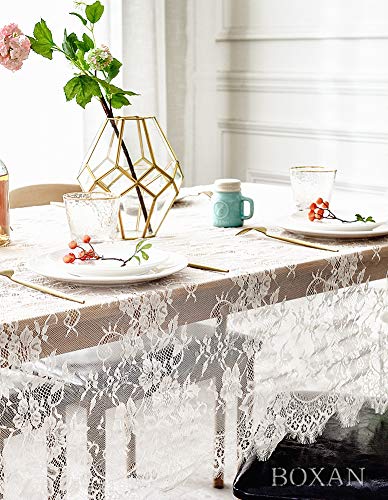 Boxan 60X120 Inch Gorgeous White Lace Tablecloth Overlay Rose Vintage Embroidered, Romantic Boho Wedding Reception Table Decor, Baby & Bridal Shower Décor, Elegant Chic Outdoor Tea Party Tablecover #TOP2
