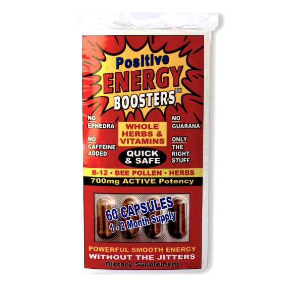 VitaBoost Positive Power Energy Boosters – Natural Energy Supplement with Herbs, B-12, Bee Pollen, Jitter-Free Smooth Energy, Quick &amp; Safe, No Caffeine, Ephedra, or Guarana (60)