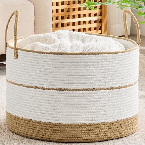 Image of KAKAMAY Cotton Rope Storage Basket (20 inchx13 inch),Woven Blanket Baskets for Toys,Pillows,Clothes,Sturdy Handles Decorative Basket for Living Room, Bedroom,Nursery(Brown /Black)