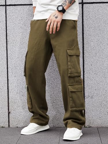 Image of Men's 8 Pocket Cargo Pants | Premium Cotton Twill Baggy Fit Trousers | Stretchable Casual Streetwear Cargos | Mid Rise