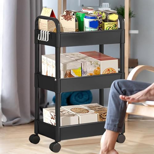Image of YouCopia Multi Trolly Multipurpose Portable Storage Floor Standing Or Tabletop Rack|Trolley with Wheels for Kitchen Storage, Tiered Shelf Kitchen Trolley Modern Kitchen Storage Rack (3-Layer-Black)