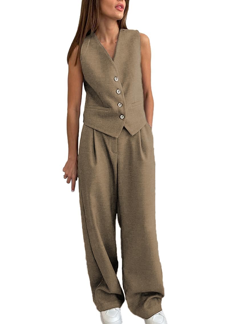 Tailleur Pantalon Femme Chic et Élégant Ensemble 2 Piece Gilet avec Bouton et Pantalon Décontractée Outfit Ete Tailleurs de Coton Costumes de Travail Streetwear
