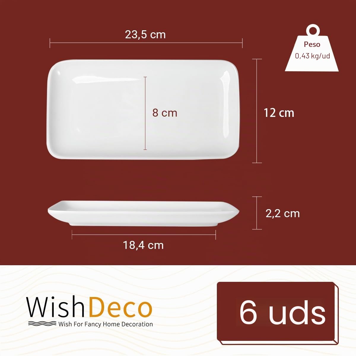 WishDeco Juego de 6 Fuente para Servir Comida, Platos Rectangulares, Blanco Platos de Porcelana 23x12 cm, Plato Servir Cerámica para Postre, Sushi, Aperitivo, Ensalada