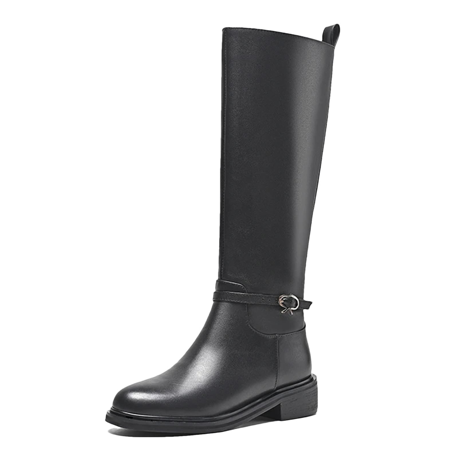 Wjnvfioo Women Genuine Leather Knee High Riding Boots Round Toe Flat Zipper Buckle Ladies Fashion Long Boot