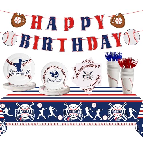 Baseball Birthday Party Supplies Kit for 24 Guests Includes Tablecloth Plates Napkins Forks Cups Banner Baseball Themed Dinnerware for Sports Party Decorations(Baseball)