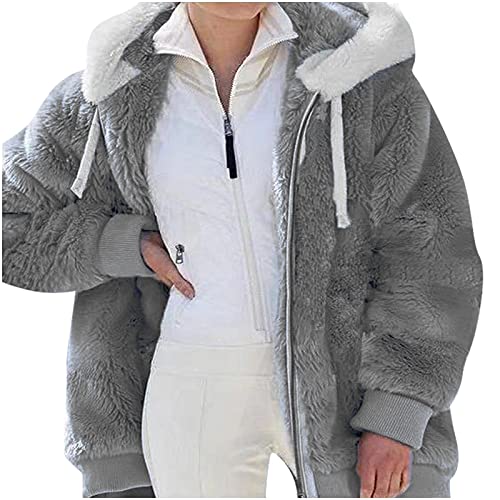 Fuzzy Fleece Jackets for Women - Winter Warm Hooded Color Block Sherpa Coats Long Sleeve Shearling Fluffy Outerwear3