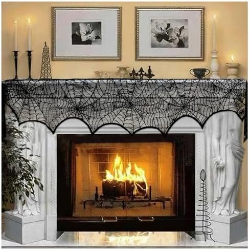 AerWo Halloween Decoration Black Lace Spiderweb Fireplace Mantle ...