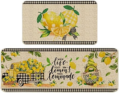 Hexagram Lemon Kitchen Mats Set of 2, Lemon Kitchen Decor Rugs and Mats Farmhouse Plaid Tree and Truck Mat for Floor,Bathroom, Spring and Summer Lemon Decorations for Home 17x29 Inch-17x47 inch