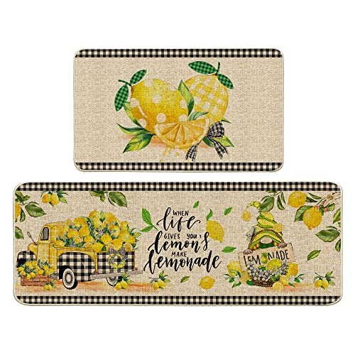 Hexagram Lemon Kitchen Mats Set Of 2, Lemon Kitchen Decor Rugs And Mats Farmhouse Plaid Tree And Truck Mat For Floor,Bathroom, Spring And Summer Lemon Decorations For Home 17X29 Inch-17X47 Inch #TOP6