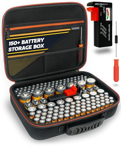 AKIELO+ Batterie Aufbewahrungsbox Mit Universalem Tester und Schraubendreher (Edition Max – Über 150+) – Unordnungfreie Batteriebox Aufbewahrung für Batterien AA, AAA, C, D, 9V (Nicht Enthalten)