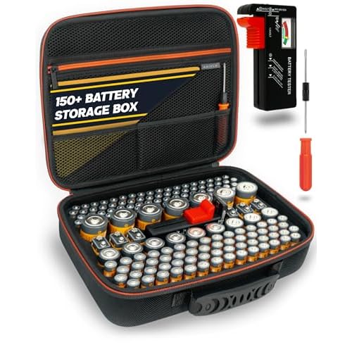 AKIELO+ Batterie Aufbewahrungsbox Mit Universalem Tester und Schraubendreher (Edition Max – Über 150+) – Unordnungfreie Batteriebox Aufbewahrung für Batterien AA, AAA, C, D, 9V (Nicht Enthalten)