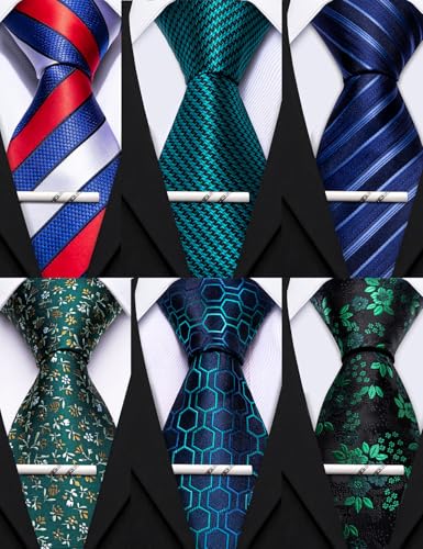 Image of Barry.Wang Mens 6 PCS Ties Silk Striped Paisley Check Floral Necktie Silky Woven Wedding Business Party Ties 3.34 inch