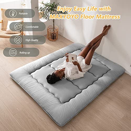 Image of MAXYOYO Japanese Floor Mattress Futon Mattress, Thicken Tatami Mat Sleeping Pad Foldable Roll Up Mattress Boys Girls Dormitory Mattress Pad Kids Floor Couches and Sofas, Grey, King