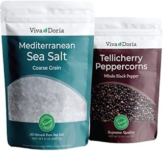 Viva Doria Tellicherry Black Peppercorn, Whole Black Pepper, Black Peppercorns, 12 Oz and Mediterranean Sea Salt, Coarse Grain, 2 lb, For Grinder Refills (2 Set)