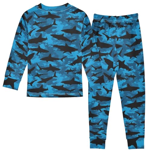 Cartoon Blue Shark Pattern Cute Pajama Sets Long Sleeve Top and Pants, Snug Fit Sleepwear for Night Wears2