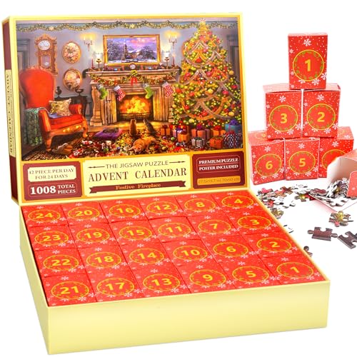 Advent Calendar 2023 Jigsaw Puzzle - 1008 Pieces | 24 Days Countdown | Gift for Adults & Kids, Countdown to Christmas Home Decoration Gifts for Mum Dad Teenage Girls Boys