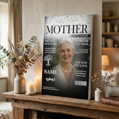Ipplee Personalized Memorial Canvas Wall Art with Photo Custom Mother Magazine Cover Style Tribute Gift Forever My Mom Remembrance Picture Frame Unique Sympathy Gift with Name and Dates