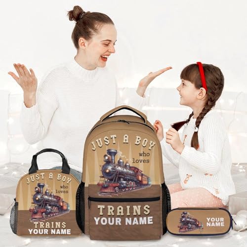 Custom School Backpack with Lunch Box Set for Kids, 3 in 1 Train Backpacks Matching Combo, Funny Brown Bookbag and Pencil Case Bundle2