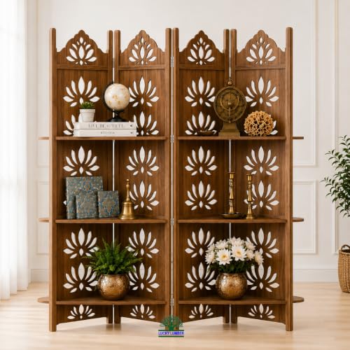 Image of Wooden Room Divider Partition with Display Shelves for Living Room | Foldable 4 Panel Decorative Privacy Screen Separator for Home, Office & Bedroom | (Natural with Shelves)