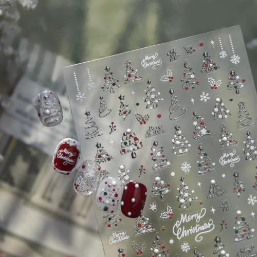 Image of Christmas Nail Stickers Holly Snowflake Nail Decals Silver Nail Art Decals | Festive Red & Green Xmas Tree Nail Stickers, 5D Embossed Self-Adhesive Decals for Women Holiday Season Manicure Charms Supply
