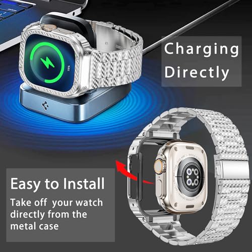 Image of MioHHR Stainless Steel Band and Case Compatible with Apple Watch Band 49mm | Men Metal Protective Bumper Cover with Straps for iWatch 49mm Series Ultra 3, Ultra 2, Ultra, Silver Pattern