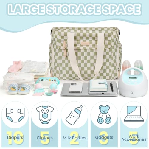 Image of Pritent Diaper Bag Tote for Working Mom, Large Travel Diaper Tote for Mom and Dad with 14 Inch Laptop Sleeve, Mommy Maternity Travel Baby Bag for Boys and Girls, Checkered Green
