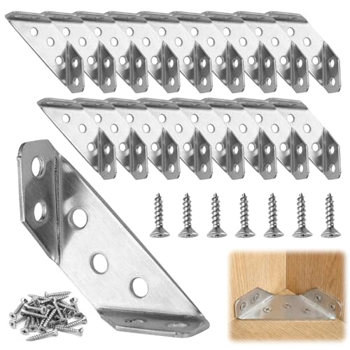 Image of 20 Pcs Corner Connector, Angle Brackets, Corner Brackets for Wood, Triangle Angle Bracket, Stainless Steel Corners Braces, with Screws, for Furniture, Shelves, Cabinet, Table, Chair Storage Rack