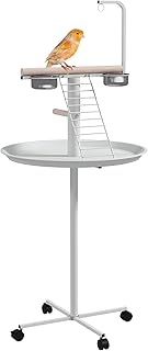 PawHut Bird Table, Bird Feeding Station with Wheels, Perches, Stainless Steel Feed Bowls, Round Tray for Indoor - White