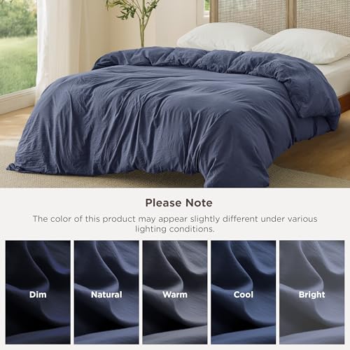 Image of Bedsure Prewashed Navy Duvet Cover King Only, Cotton-Like Feel | 1 Duvet Cover Only, No Pillow Shams, Ultra Soft, Relaxed Texture, Zipper Closure, 8 Corner Ties, Year-Round, Easy Care