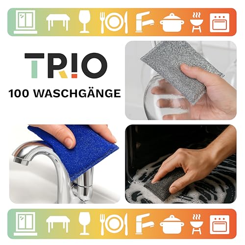 Trio – Set aus 3 Schwämmen (Weich - Mittel - Hart) für alle Oberflächen – Waschbar & langlebig – Für empfindliche, mittlere & Harte Flächen (Geschirr, Töpfe, Fliesen) – Made in Italy