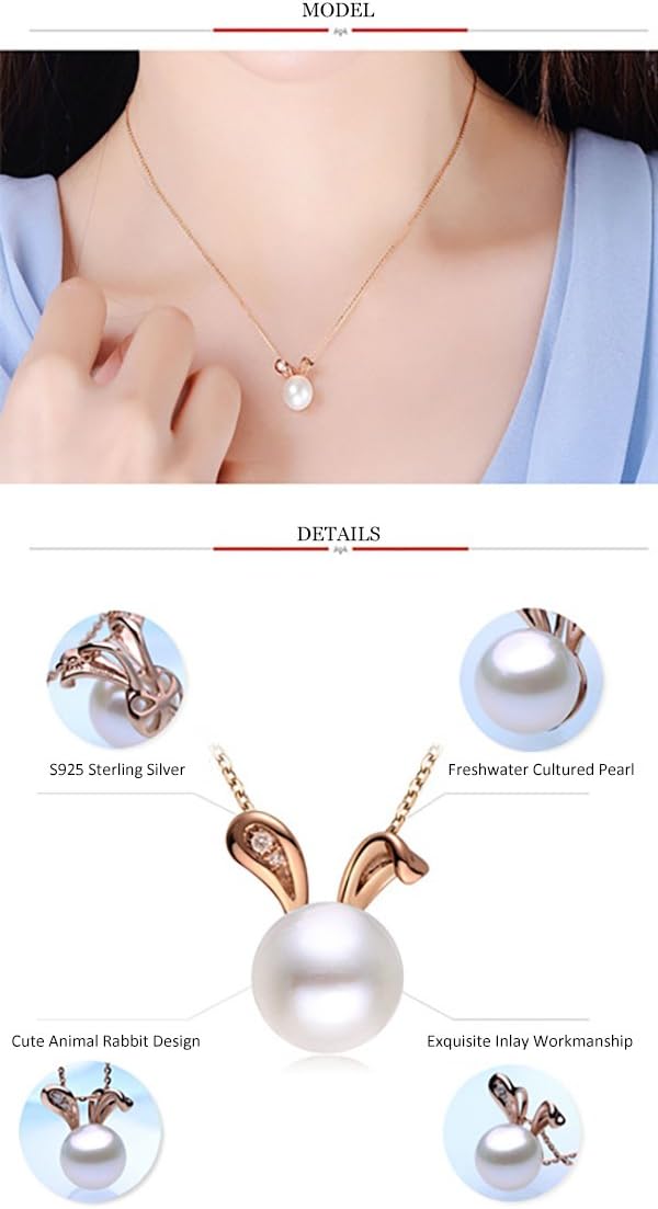 Easter Bunny Rabbit Pendant Cultured Pearls Necklace for Women Teen Girls S925 Sterling Silver Delicate Animal Jewelry Gifts for Daughter